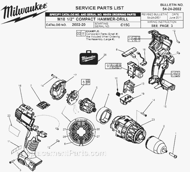 Page A Diagram and Parts List for 2602-20 C15C Milwaukee Hammer Drill