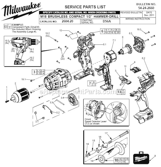 Page A Diagram and Parts List for 2604-20 D56A Milwaukee Hammer Drill