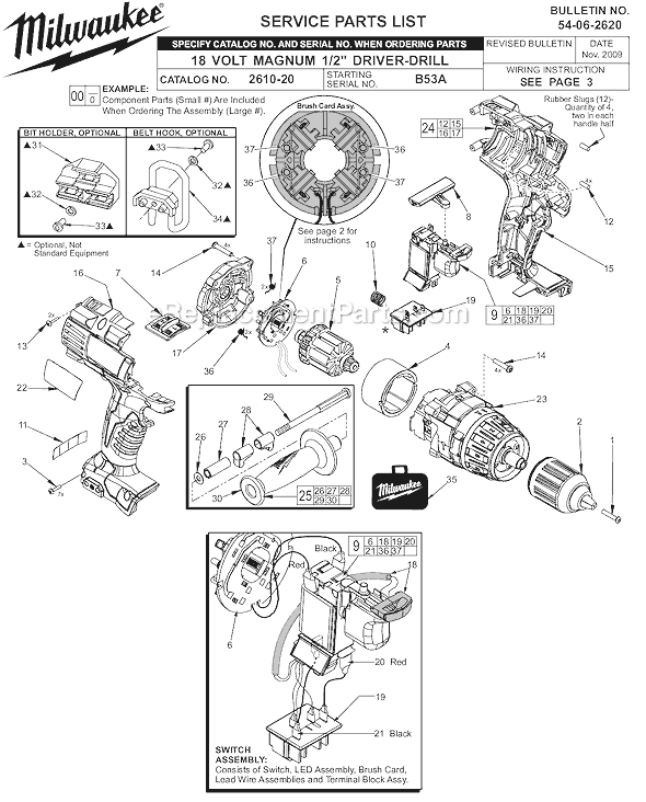 Page A Diagram and Parts List for 2610-24 SER B53A Milwaukee Cordless Drill