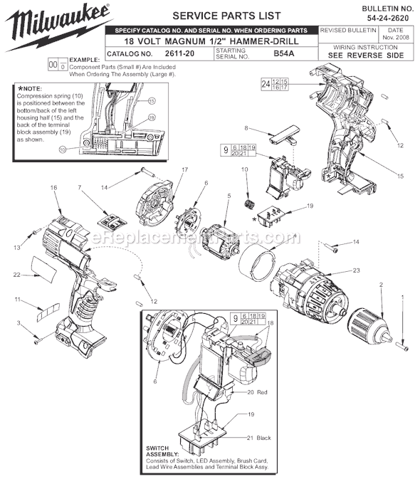Page A Diagram and Parts List for 2611-20  Milwaukee Hammer Drill