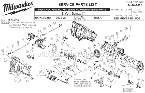 Page A Diagram and Parts List for 2620-20 SER B58A Milwaukee Reciprocating Saw
