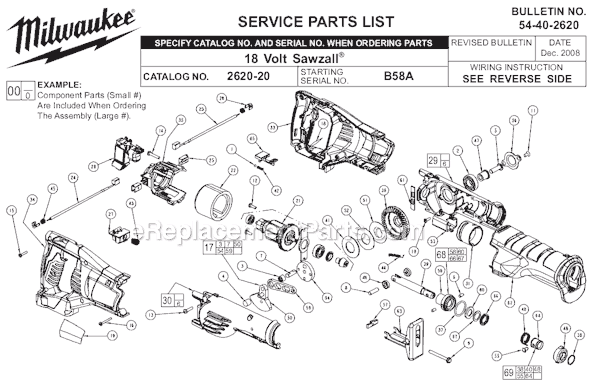 Page A Diagram and Parts List for 2620-22 SER B58A Milwaukee Reciprocating Saw