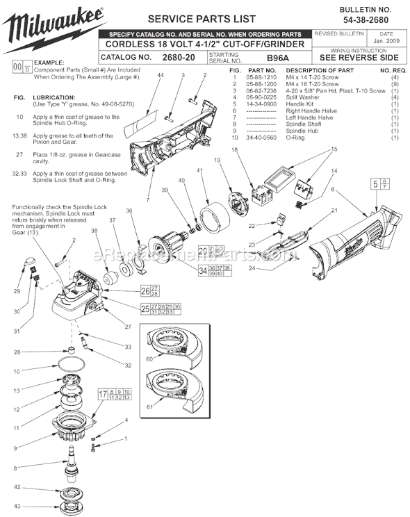 Page A Diagram and Parts List for 2680-22 SER B96A Milwaukee Angle Grinder