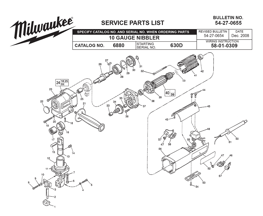 Fig-0 Diagram and Parts List for 6880 630D Milwaukee Nibbler & Shears