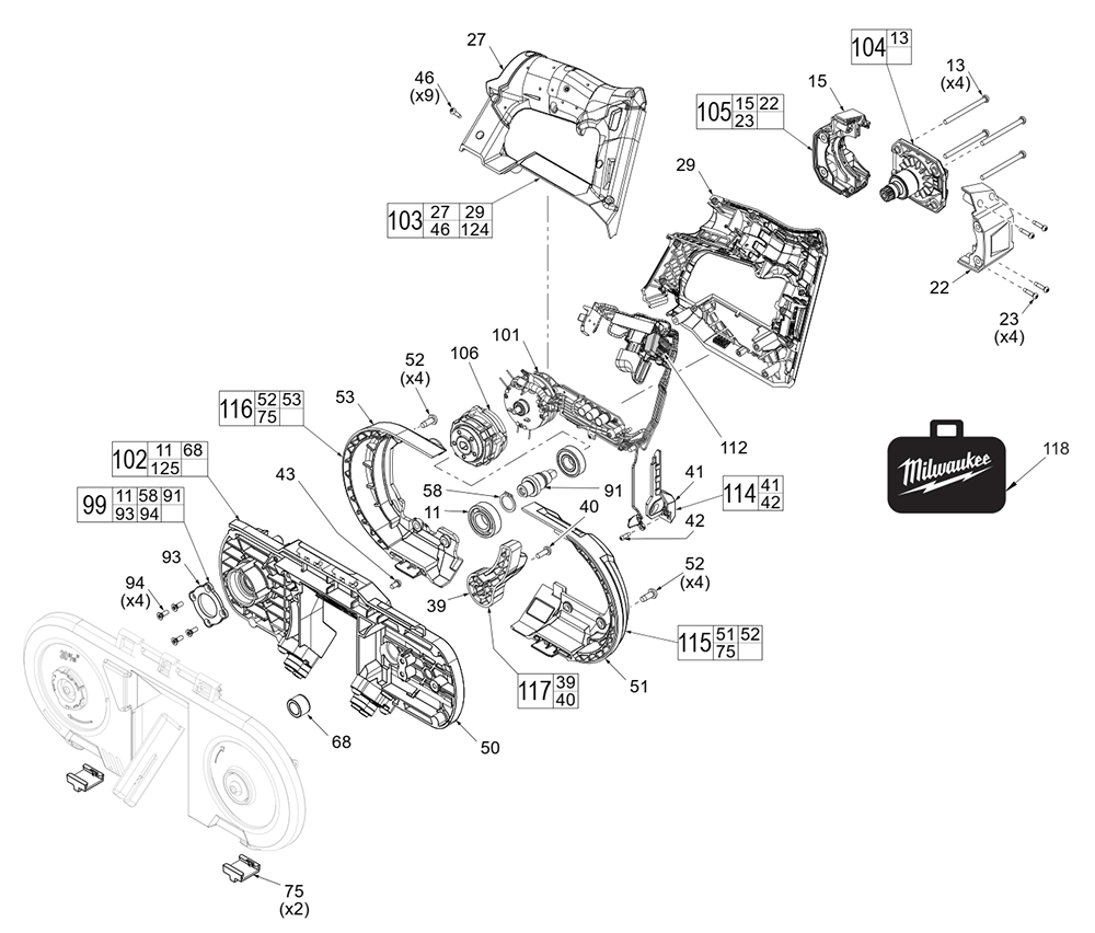 Fig-0 Diagram and Parts List for 2529-20 L96A Milwaukee Band Saw