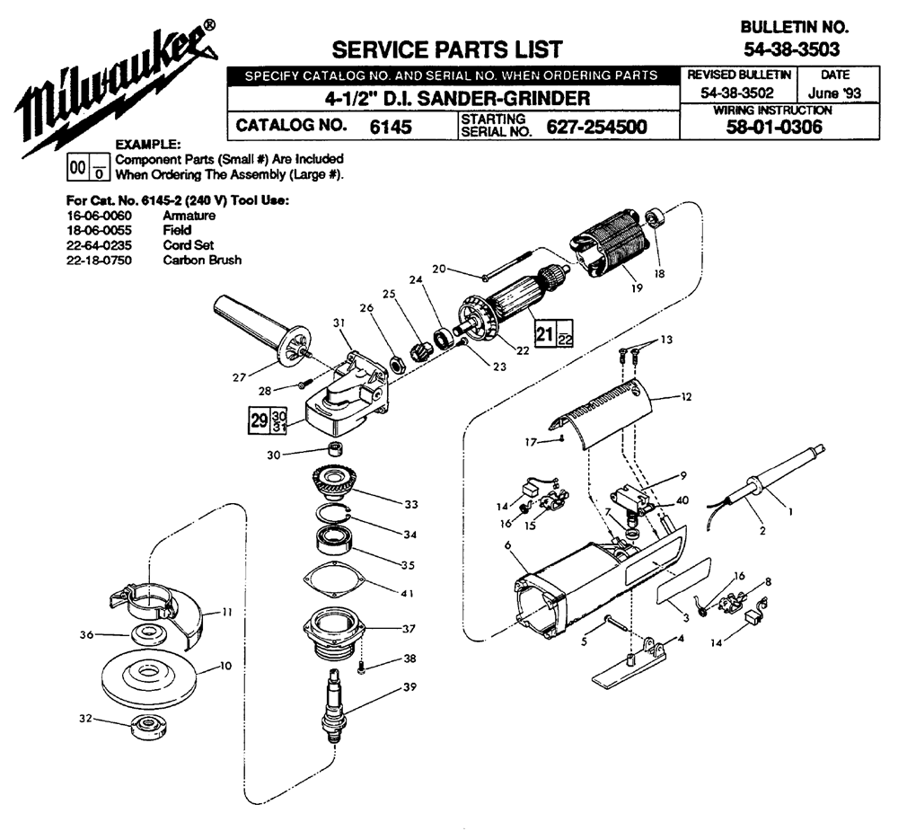 Fig-0 Diagram and Parts List for 6145-2 627-254500 Milwaukee Angle Grinder