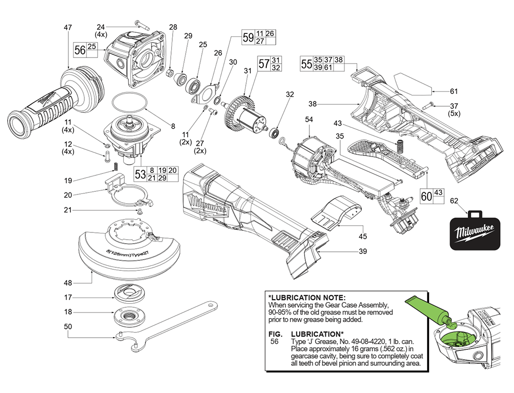 Fig-0 Diagram and Parts List for 2880-20 L64A Milwaukee Angle Grinder