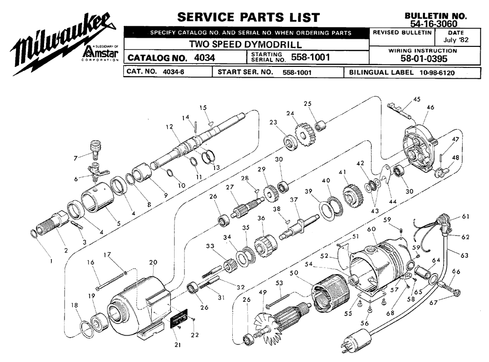 Fig-0 Diagram and Parts List for 4034-2 558-1001 Milwaukee Electric Drill