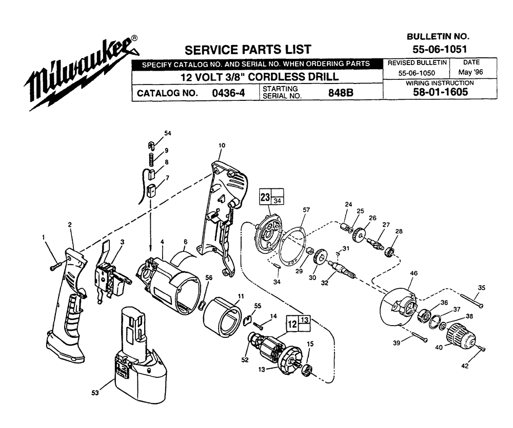 Fig-0 Diagram and Parts List for 0436-4 848B Milwaukee Cordless Drill