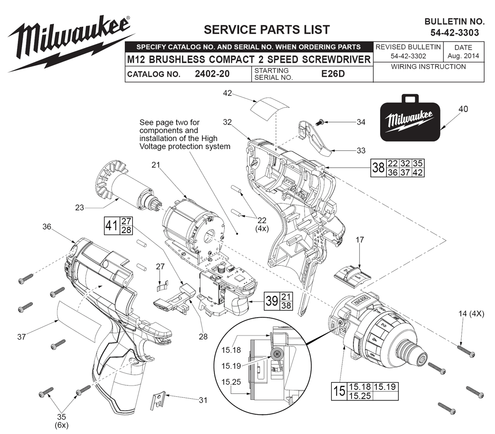 Fig-0 Diagram and Parts List for 2402-22 E26D Milwaukee Electric Drill