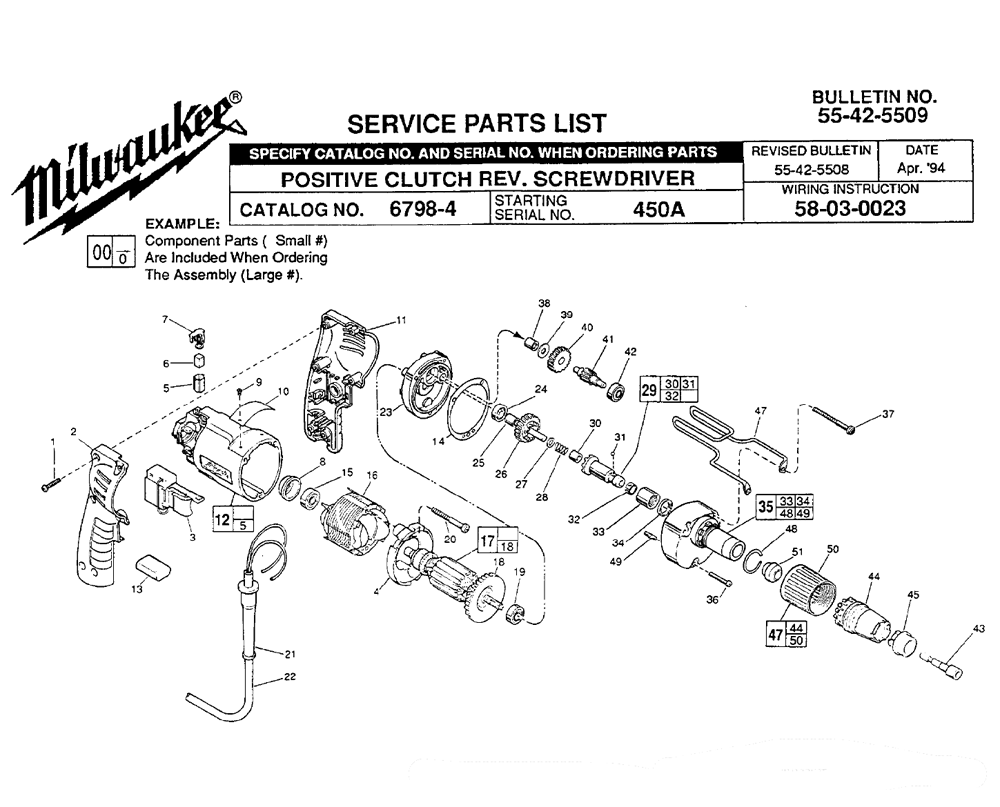 Fig-0 Diagram and Parts List for 6798-4 450A Milwaukee Electric Drill