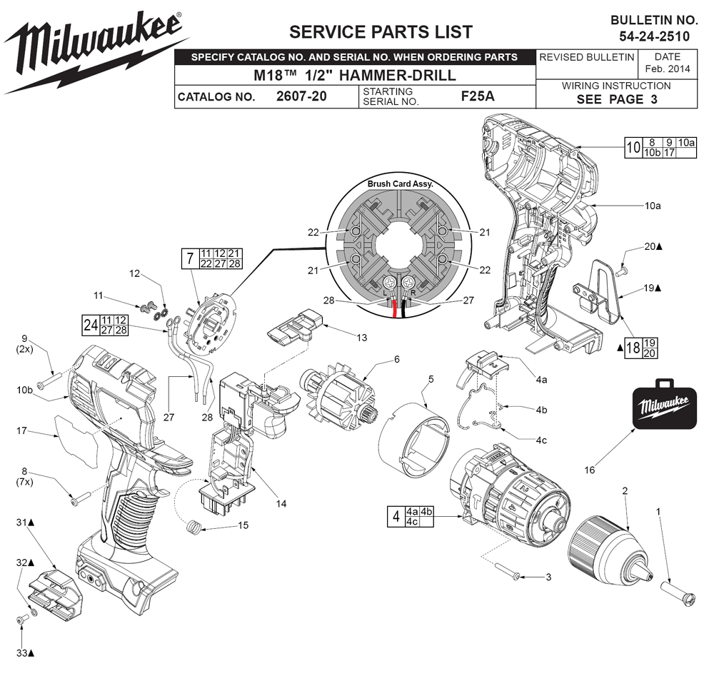 Fig-0 Diagram and Parts List for 2607-22CT F25A Milwaukee Cordless Drill