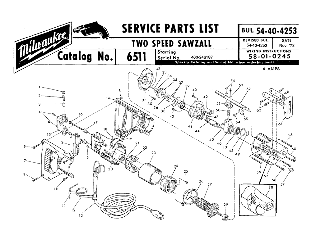 Fig-0 Diagram and Parts List for 6511 460-246187 Milwaukee Saw