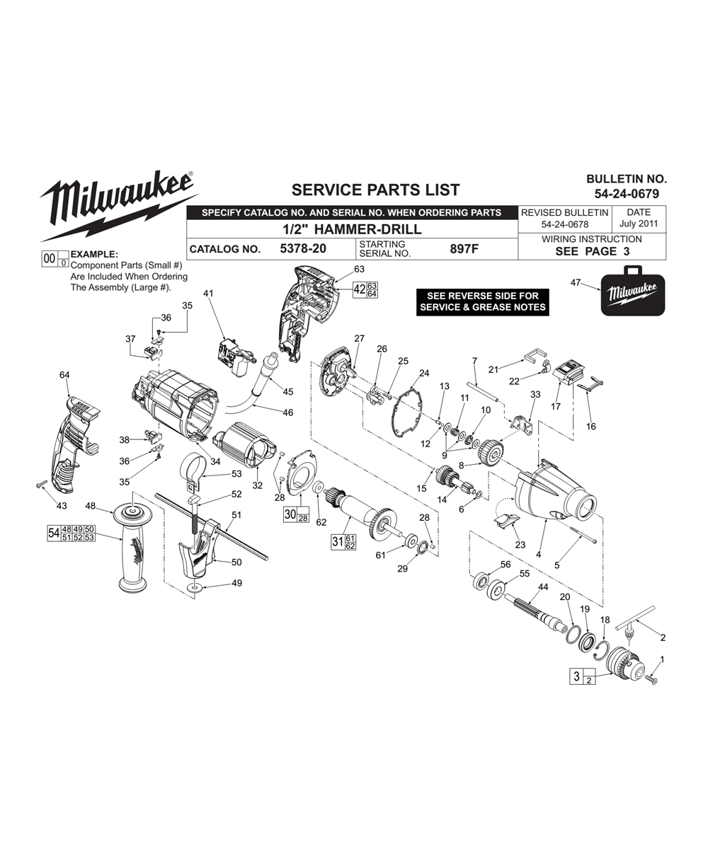 Fig-0 Diagram and Parts List for 5378-20 897F Milwaukee Electric Drill