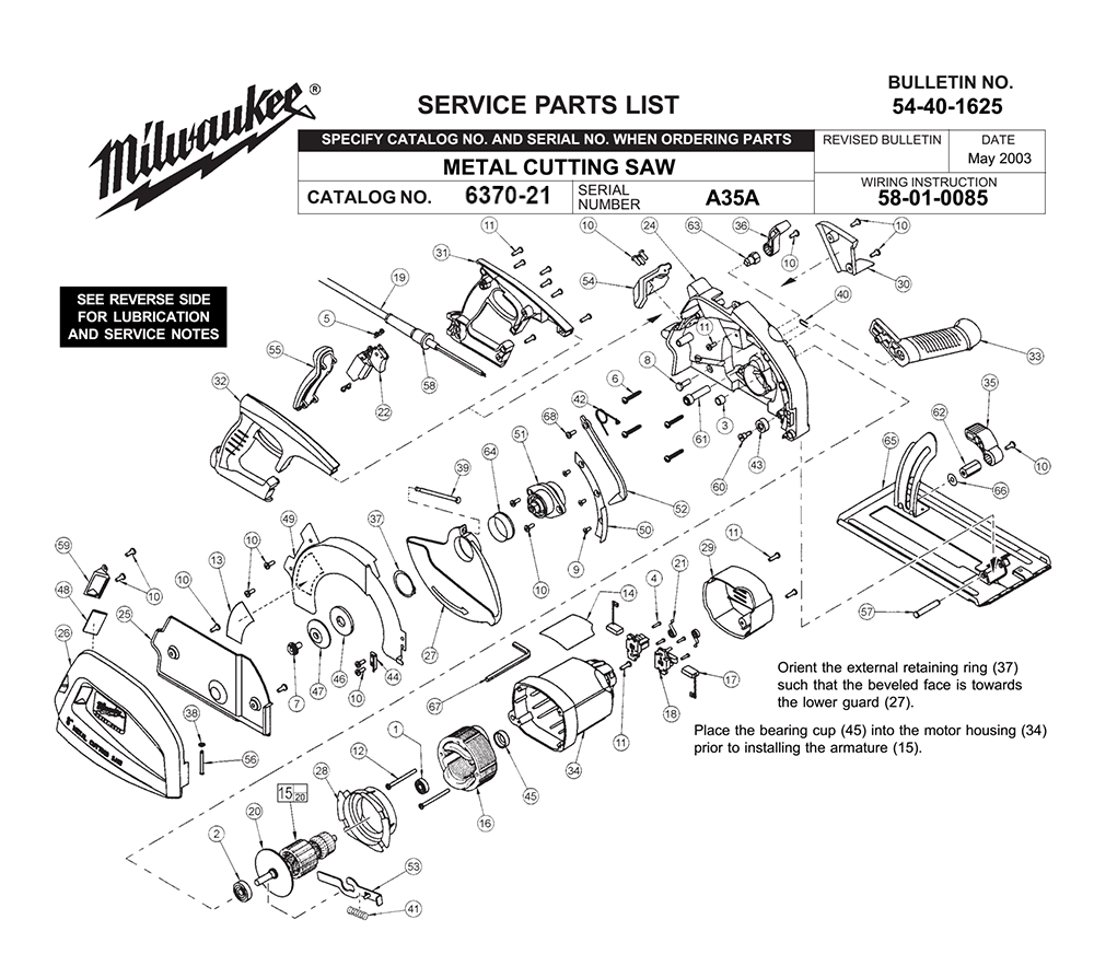 Fig-0 Diagram and Parts List for 6370-21 A35A Milwaukee Saw