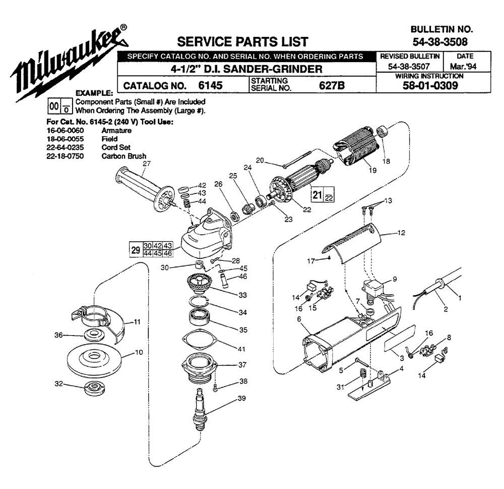 Fig-0 Diagram and Parts List for 6145-2 627B Milwaukee Angle Grinder