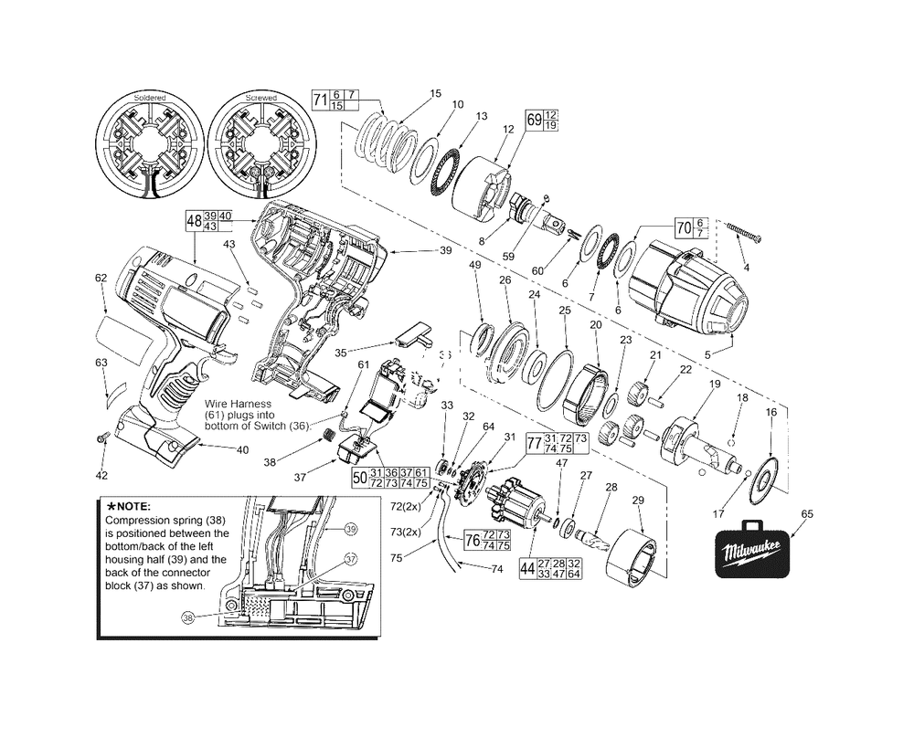 Cordless 18v 1/2-Inch Square Impact Wrench Diagram and Parts List for 2662-22 B79A Milwaukee Wrench