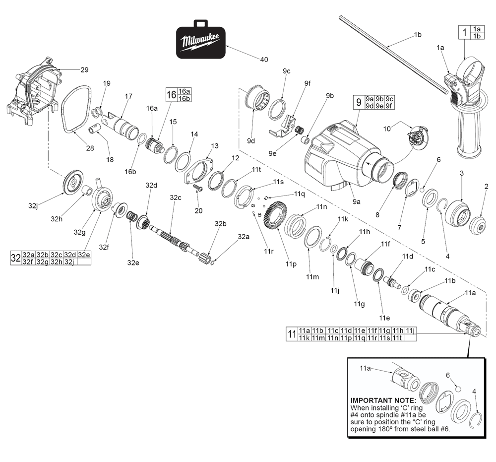 Fig-1 Diagram and Parts List for 2605-22 D14B Milwaukee Hammer Drill