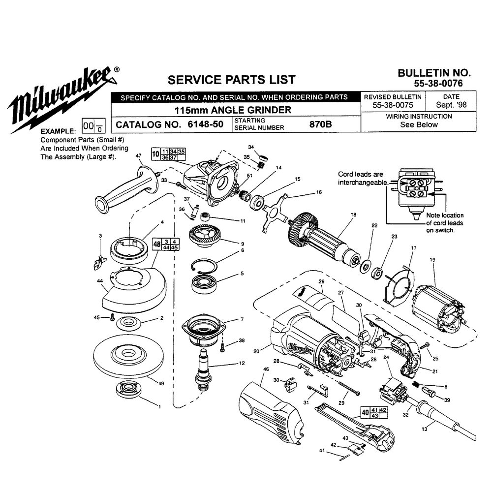 Fig-0 Diagram and Parts List for 6148-50 870B Milwaukee Angle Grinder