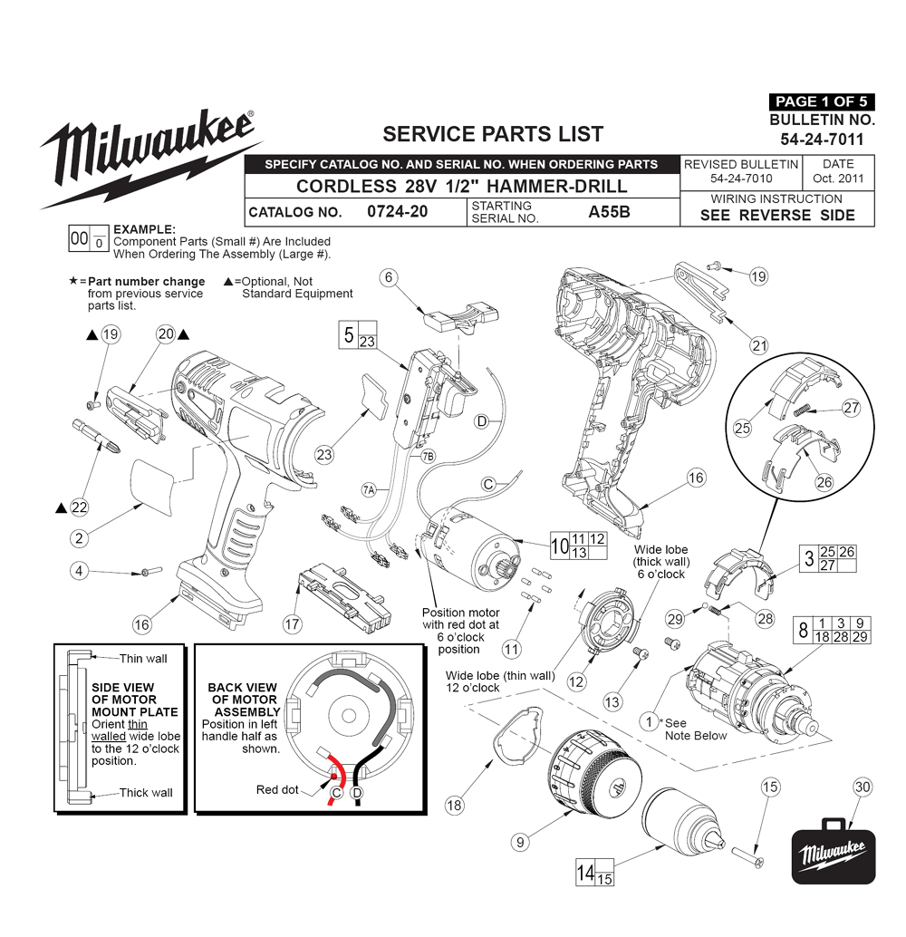 Fig-0 Diagram and Parts List for 0724-24 A55B Milwaukee Cordless Drill