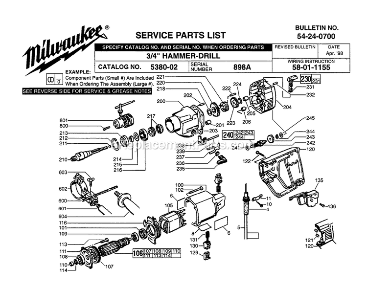 Page A Diagram and Parts List for 5380-02 898A Milwaukee Hammer Drill