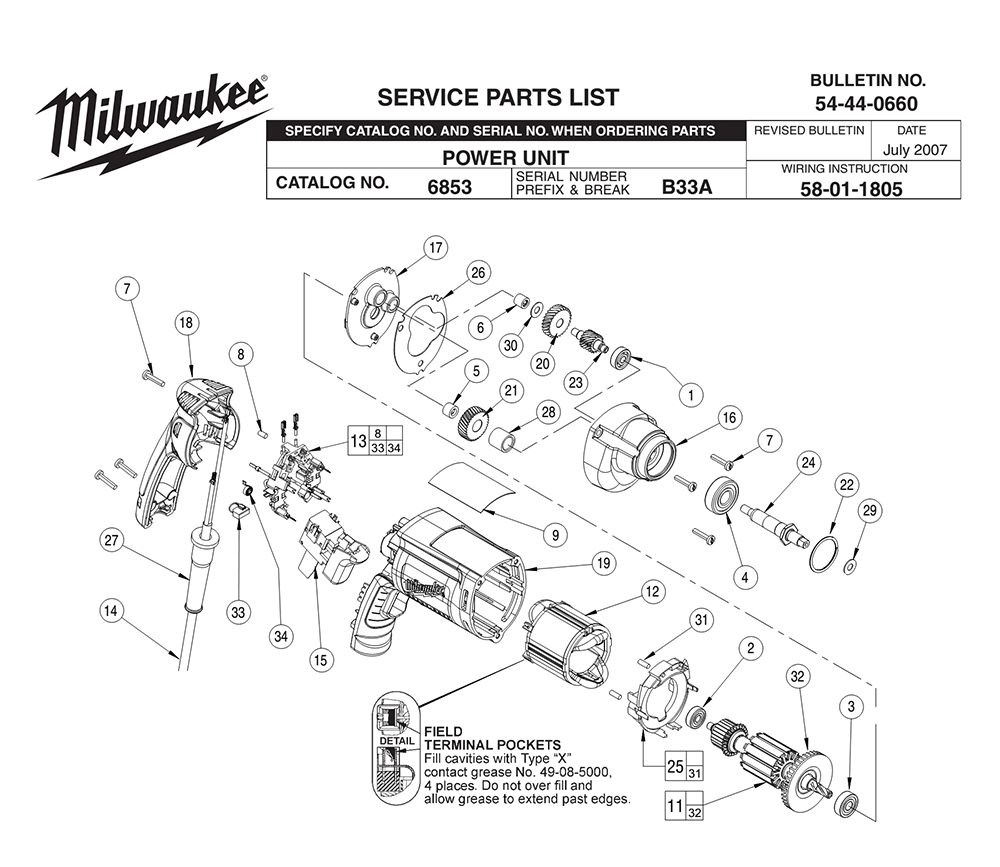Fig-0 Diagram and Parts List for 6853 B33A Milwaukee Electric Drill