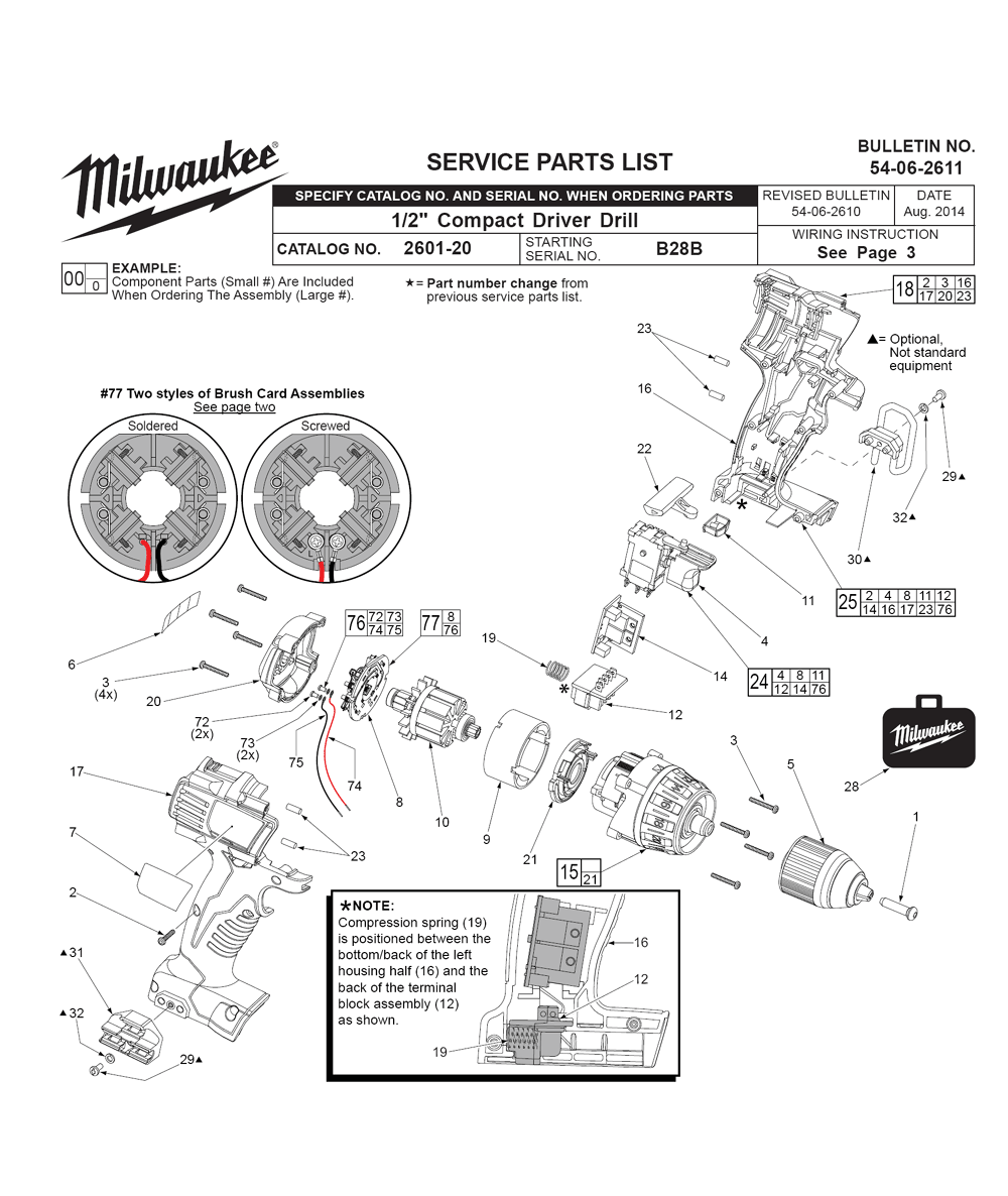 Fig-0 Diagram and Parts List for 2601-22 B28B Milwaukee Cordless Drill