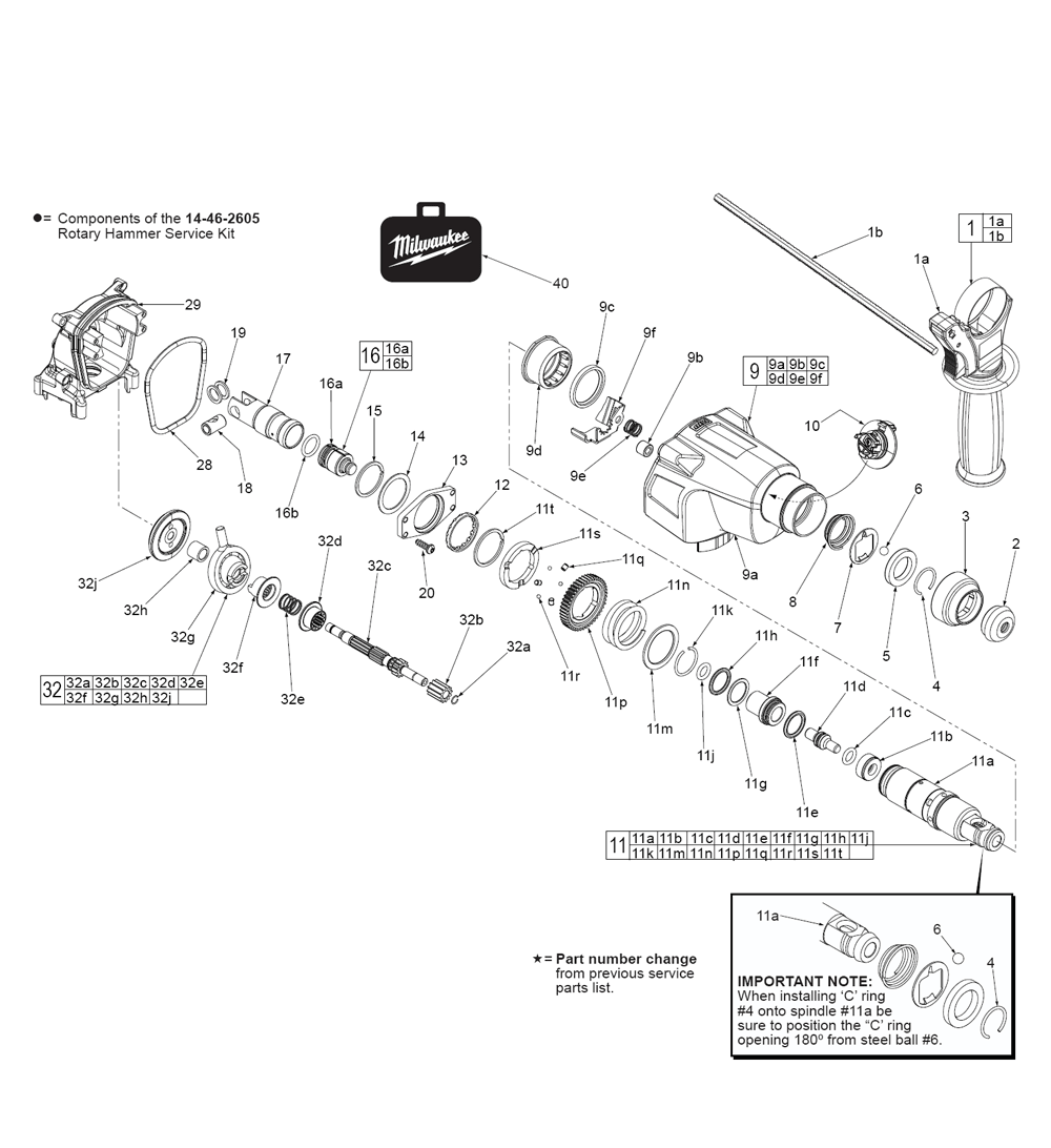 Fig-1 Diagram and Parts List for 2605-20 D14C Milwaukee Hammer Drill