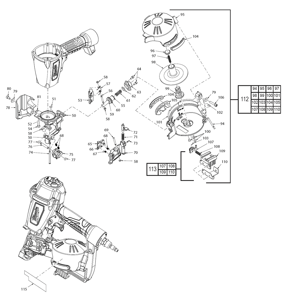 Fig-1 Diagram and Parts List for 7220-20 G99A Milwaukee Nailer