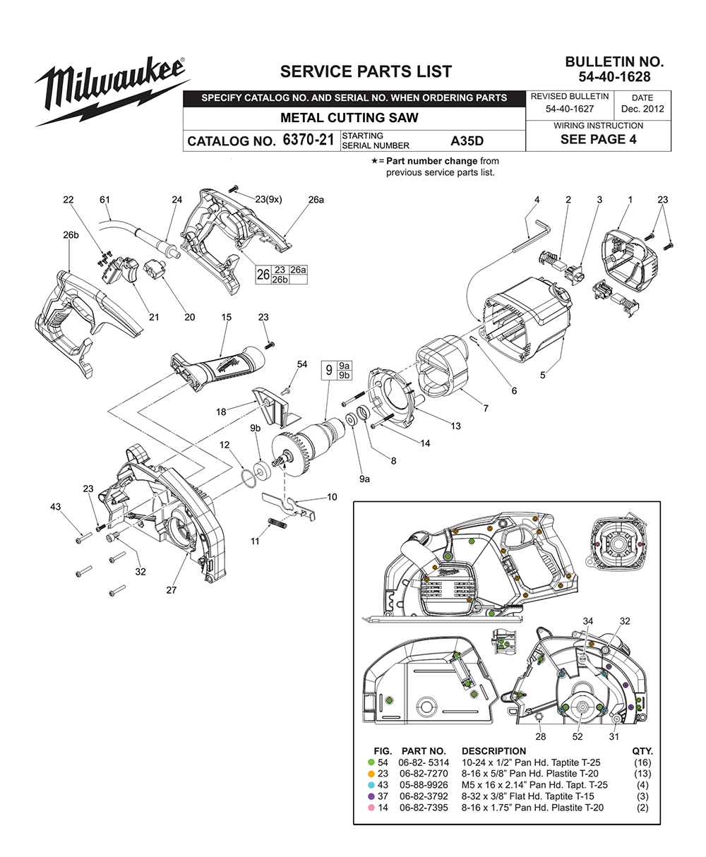 Fig-0 Diagram and Parts List for 6370-21 A35D Milwaukee Saw