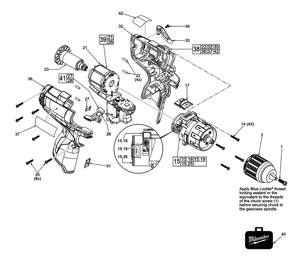 Fig-0 Diagram and Parts List for 2403-059 F16A Milwaukee Cordless Drill