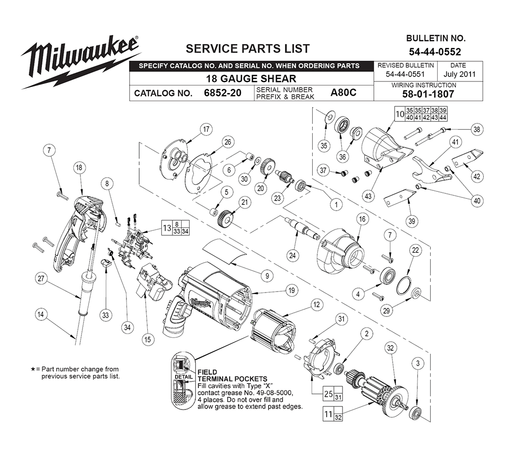 Fig-0 Diagram and Parts List for 6852-20 A80C Milwaukee Electric Drill