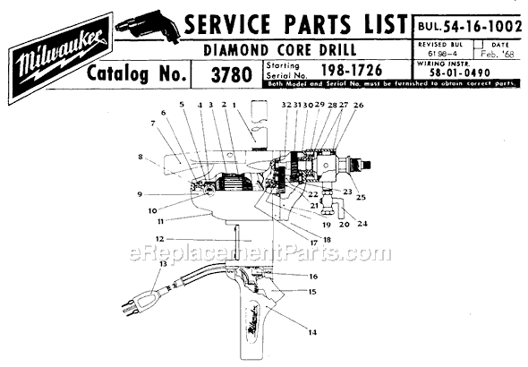 Page A Diagram and Parts List for 3780 SER 198-1726 Milwaukee Electric Drill
