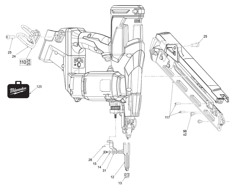 Fig-0 Diagram and Parts List for 2839-20 M03A Milwaukee Nailer