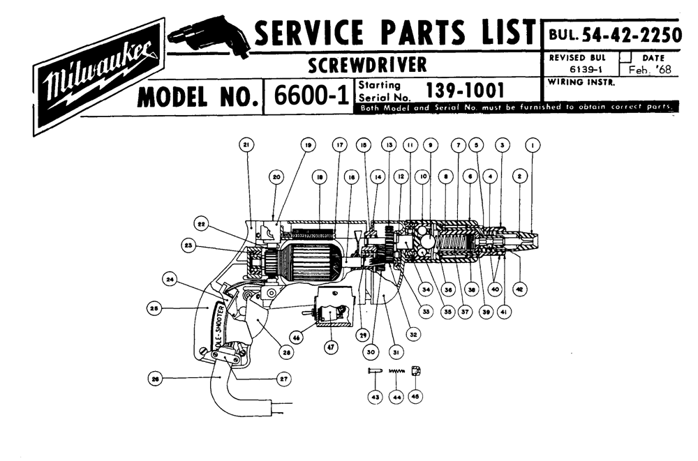 Fig-0 Diagram and Parts List for 6600-1 139-1001 Milwaukee Electric Drill