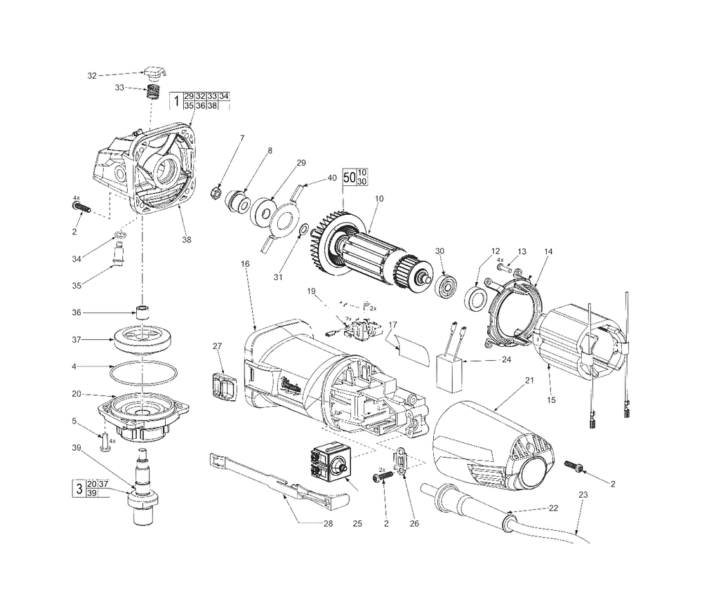 4.5-Inch (115mm) Angle Grinder Diagram and Parts List for 6130-59 C46B Milwaukee Angle Grinder