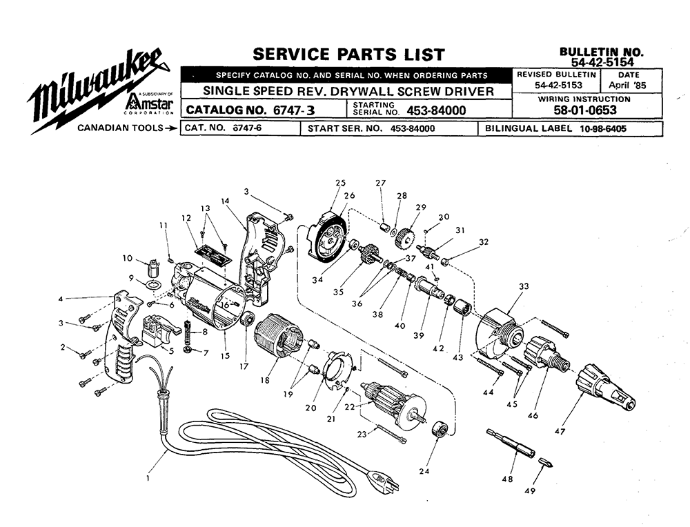 Fig-0 Diagram and Parts List for 6747-3 453-84000 Milwaukee Electric Drill