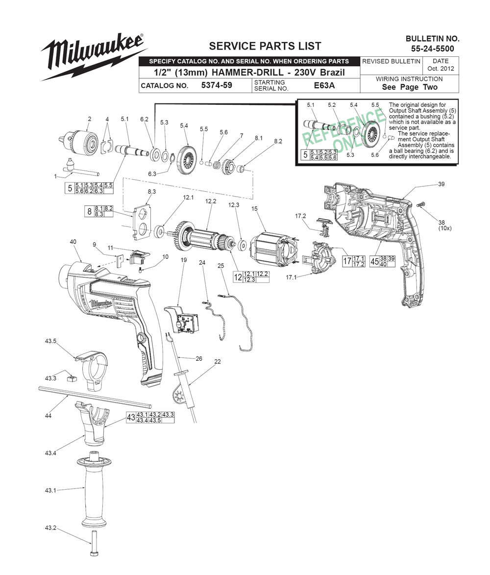 Fig-0 Diagram and Parts List for 5374-59 E63A Milwaukee Hammer Drill