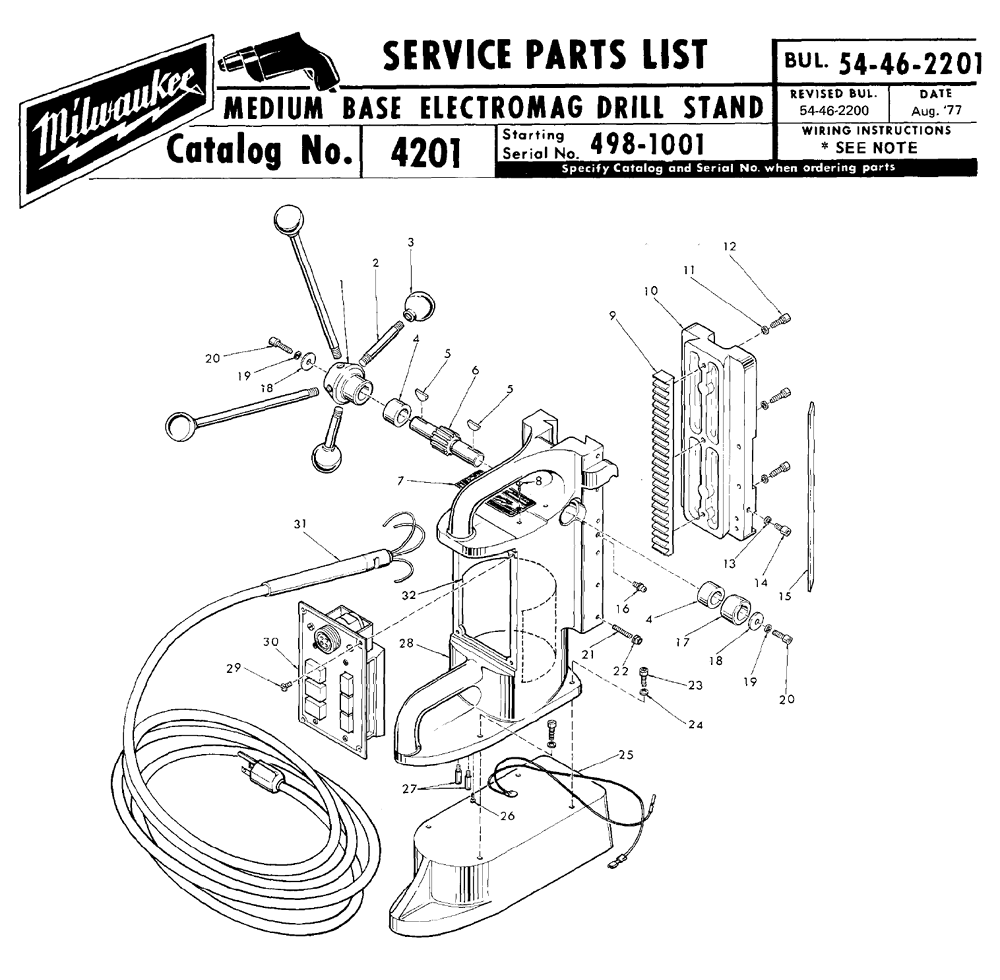 Fig-0 Diagram and Parts List for 4201 (2)(498-1001) Milwaukee Drill Press