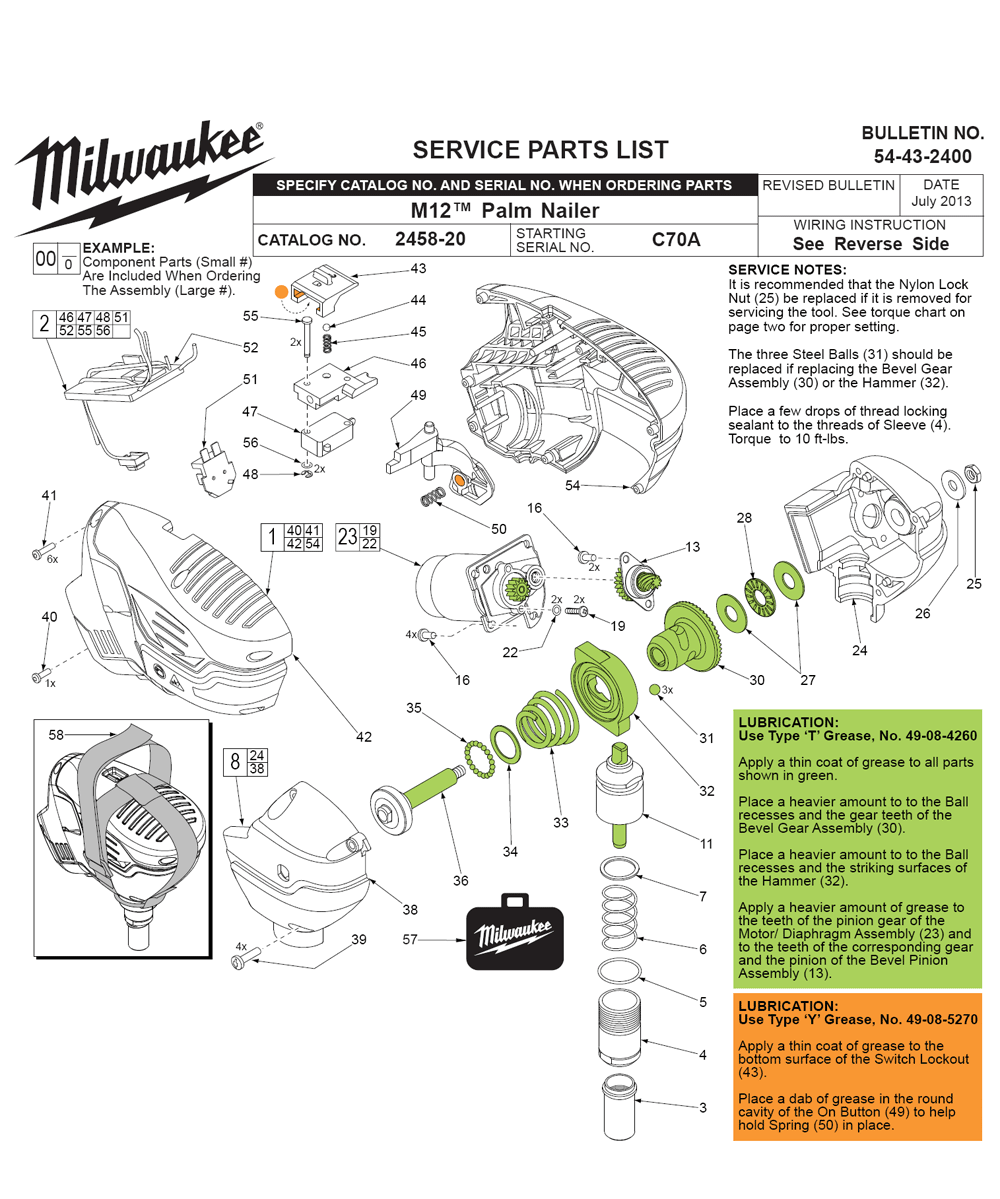 Fig-0 Diagram and Parts List for 2458-21 C70A Milwaukee Nailer