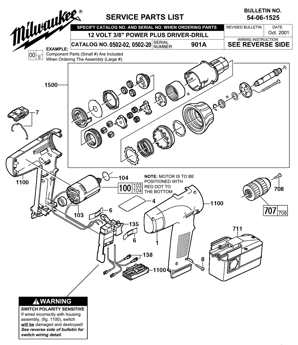 Fig-0 Diagram and Parts List for 0502-20 901A Milwaukee Cordless Drill