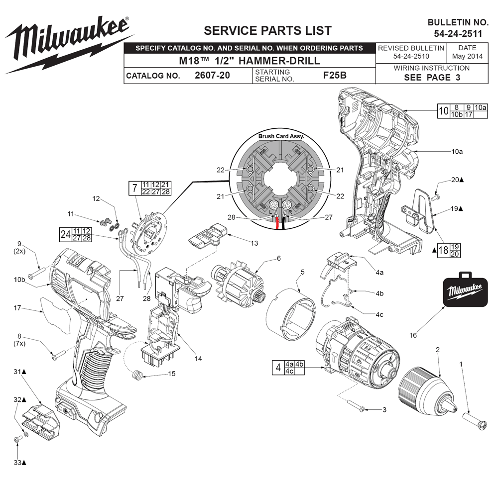 Fig-0 Diagram and Parts List for 2607-22 F25B Milwaukee Cordless Drill