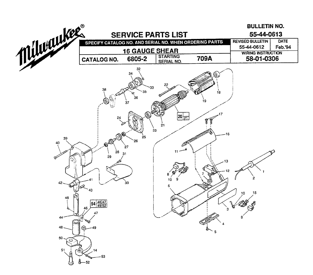 Fig-0 Diagram and Parts List for 6805-2 709A Milwaukee Nibbler & Shears
