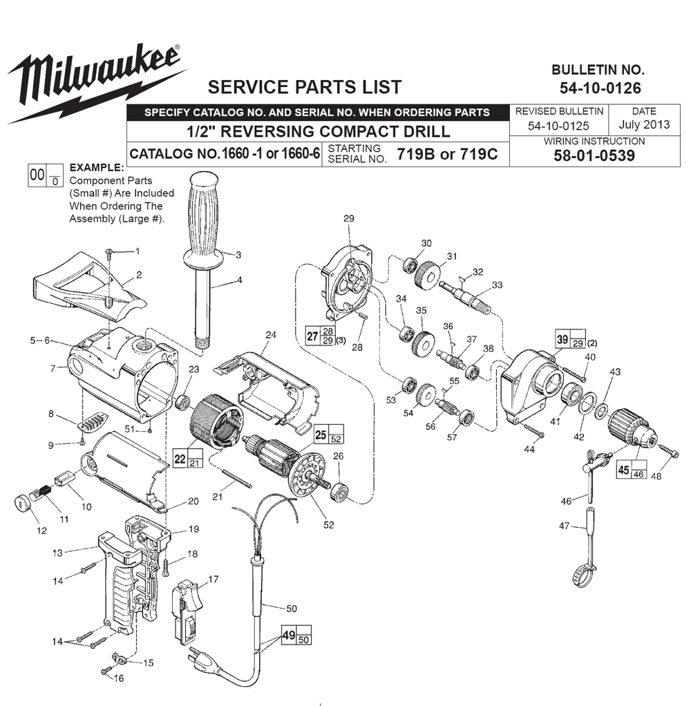 Fig-0 Diagram and Parts List for 1660-6 719C Milwaukee Electric Drill