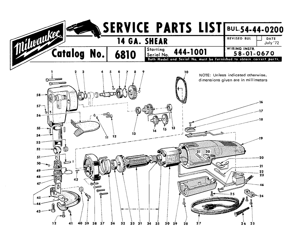 Fig-0 Diagram and Parts List for 6810 444-1001 Milwaukee Nibbler & Shears