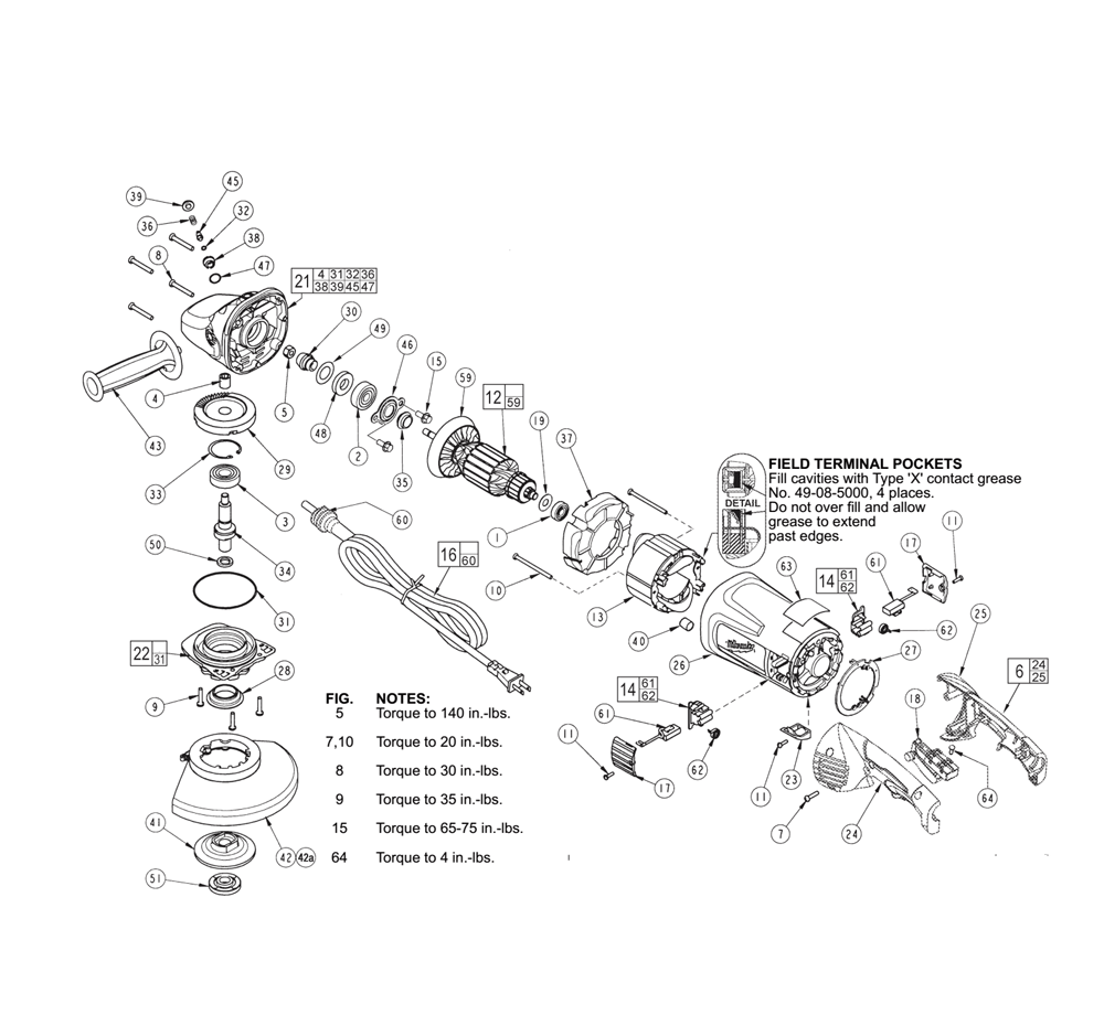 Fig-0 Diagram and Parts List for 6088-31 B44B Milwaukee Angle Grinder