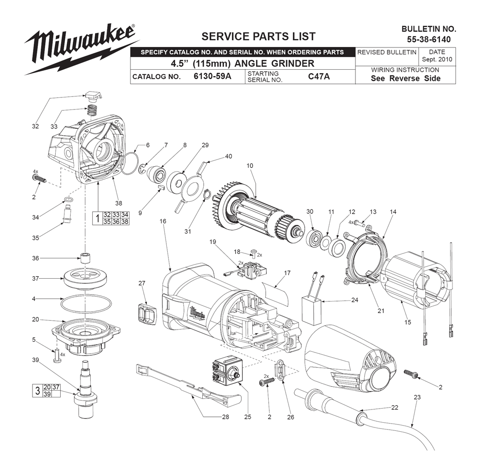 Fig-0 Diagram and Parts List for 6130-59A C47A Milwaukee Angle Grinder