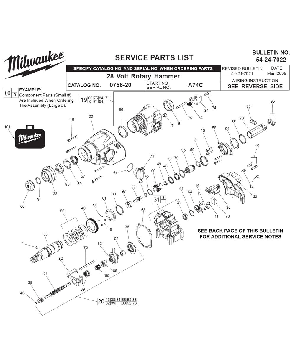 Fig-0 Diagram and Parts List for 0756-22 A74C Milwaukee Hammer Drill