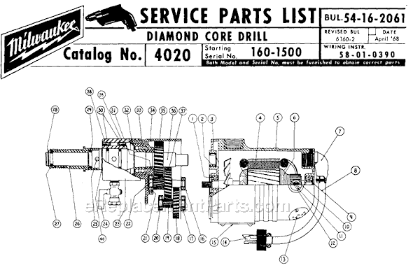 Page A Diagram and Parts List for 4020 SER 160-1500 Milwaukee Cordless Drill