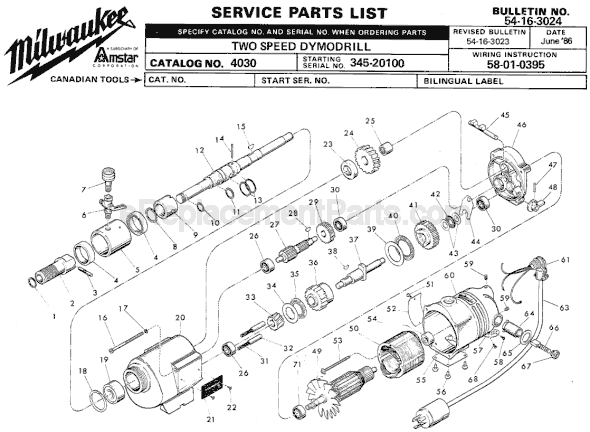Page A Diagram and Parts List for 4030 SER 345-20100 Milwaukee Electric Drill